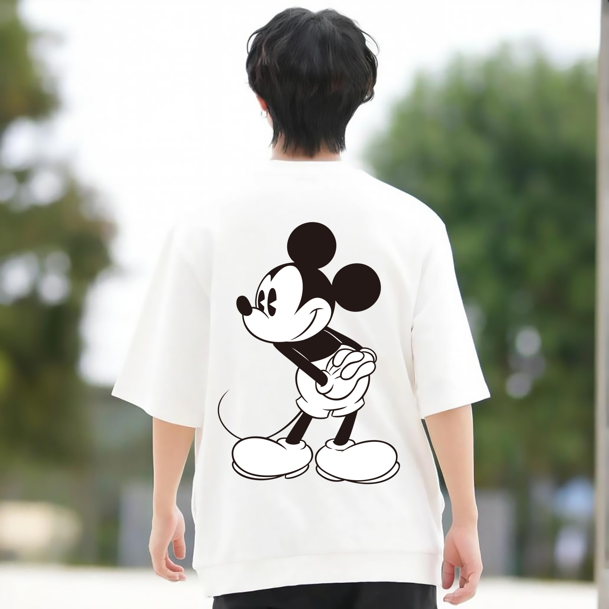 ミッキーマウス Mickey Mouse 綿100％ メンズ半袖Tシャツ（バックプリント） 通気性