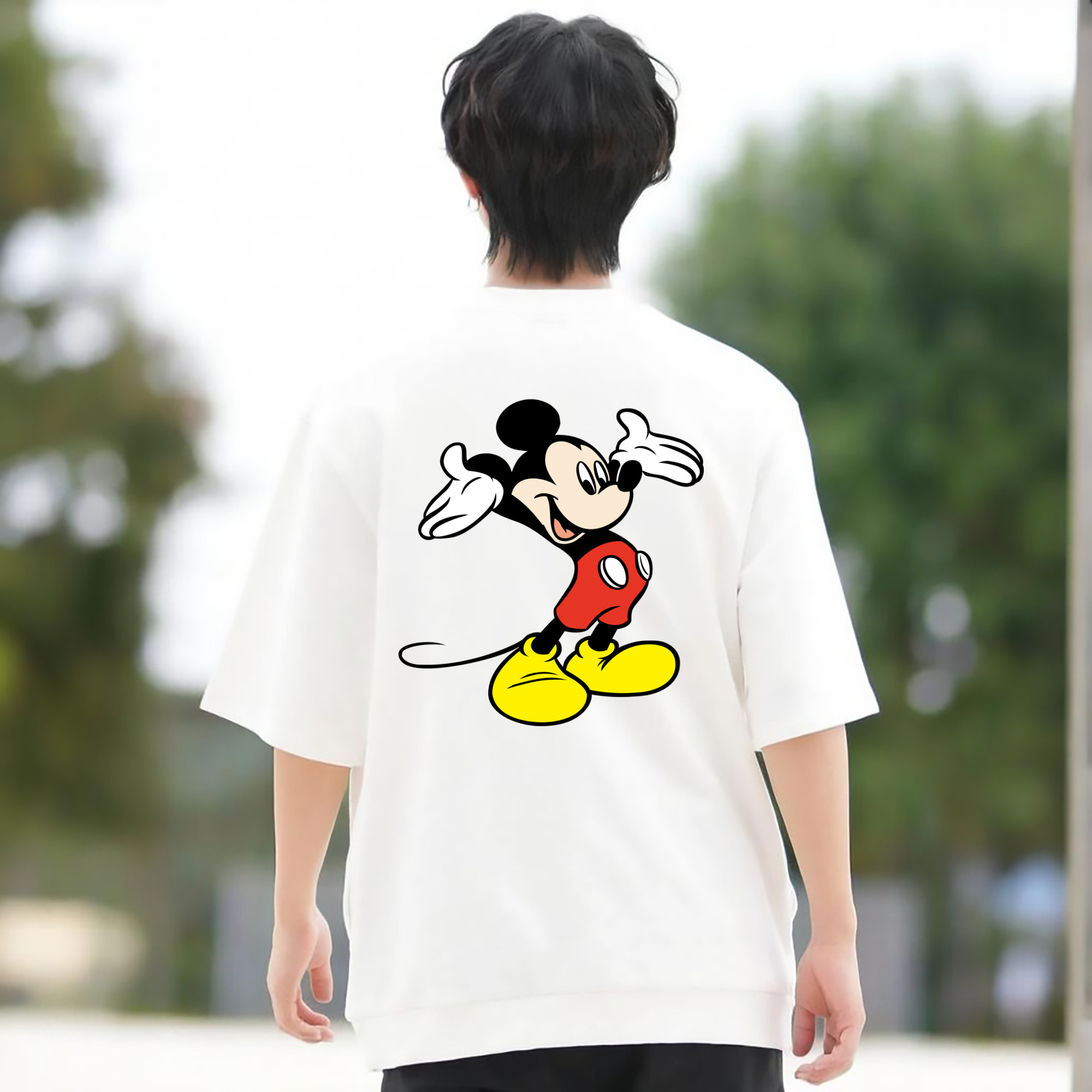 ミッキーマウス Mickey Mouse 綿100％ メンズ半袖Tシャツ（バックプリント） 通気性