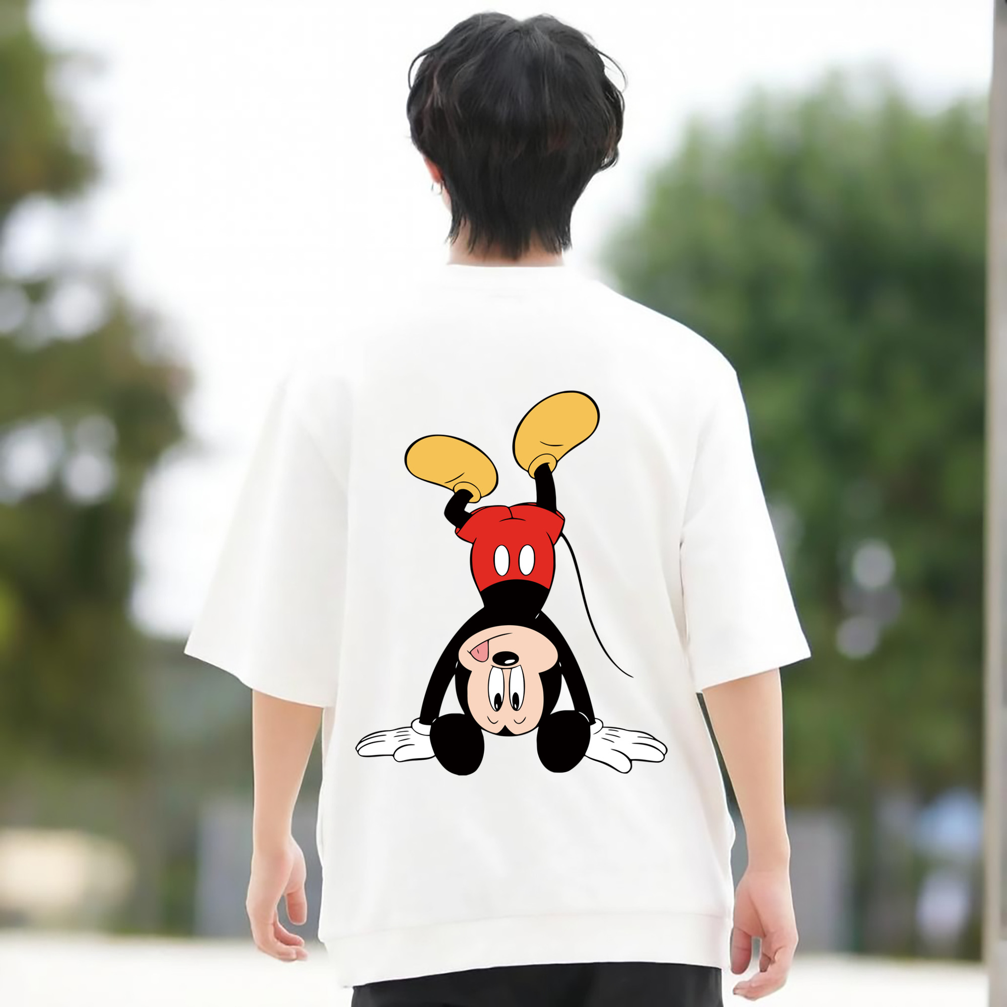 ミッキーマウス Mickey Mouse 綿100％ メンズ半袖Tシャツ（バックプリント） 通気性