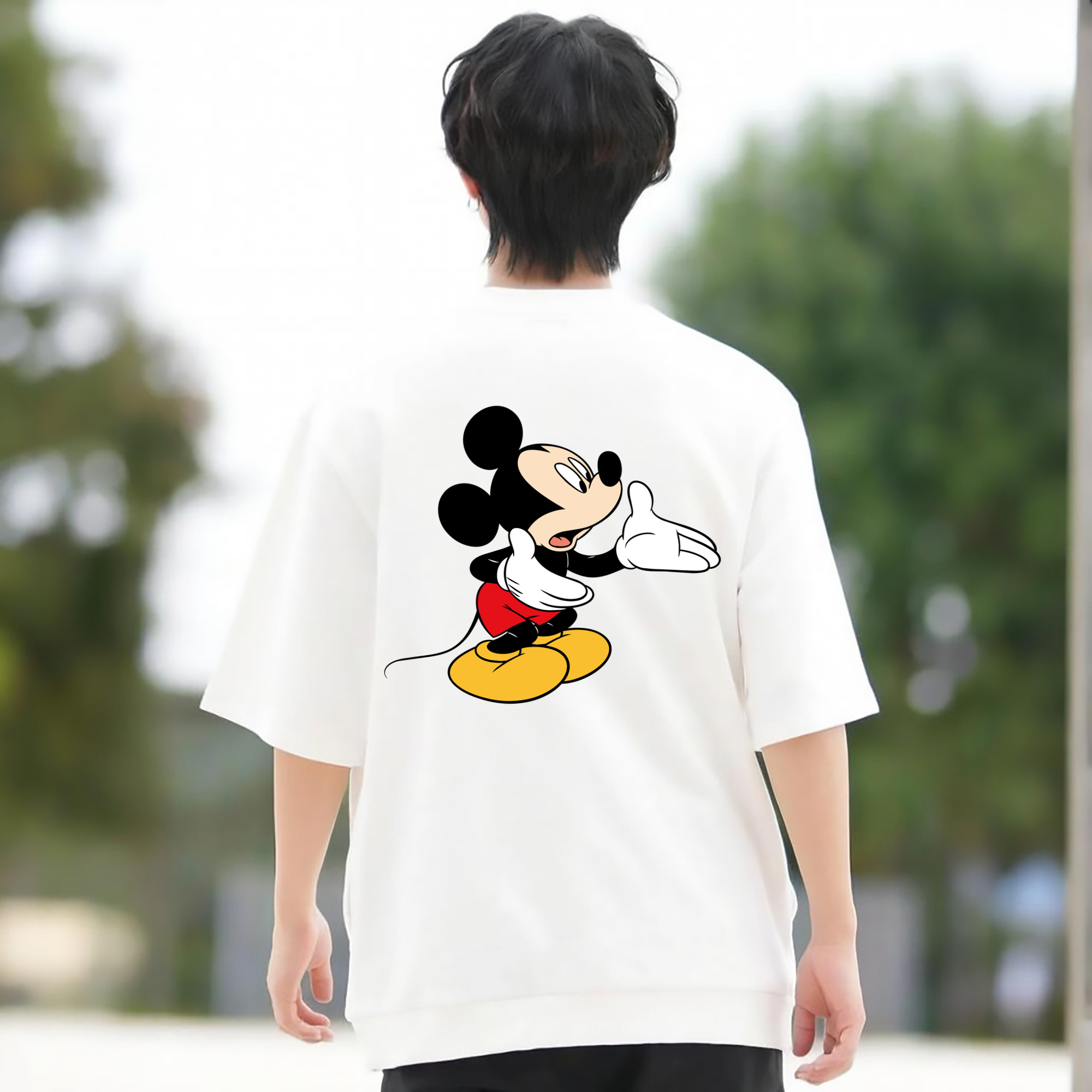 ミッキーマウス Mickey Mouse 綿100％ メンズ半袖Tシャツ（バックプリント） 通気性