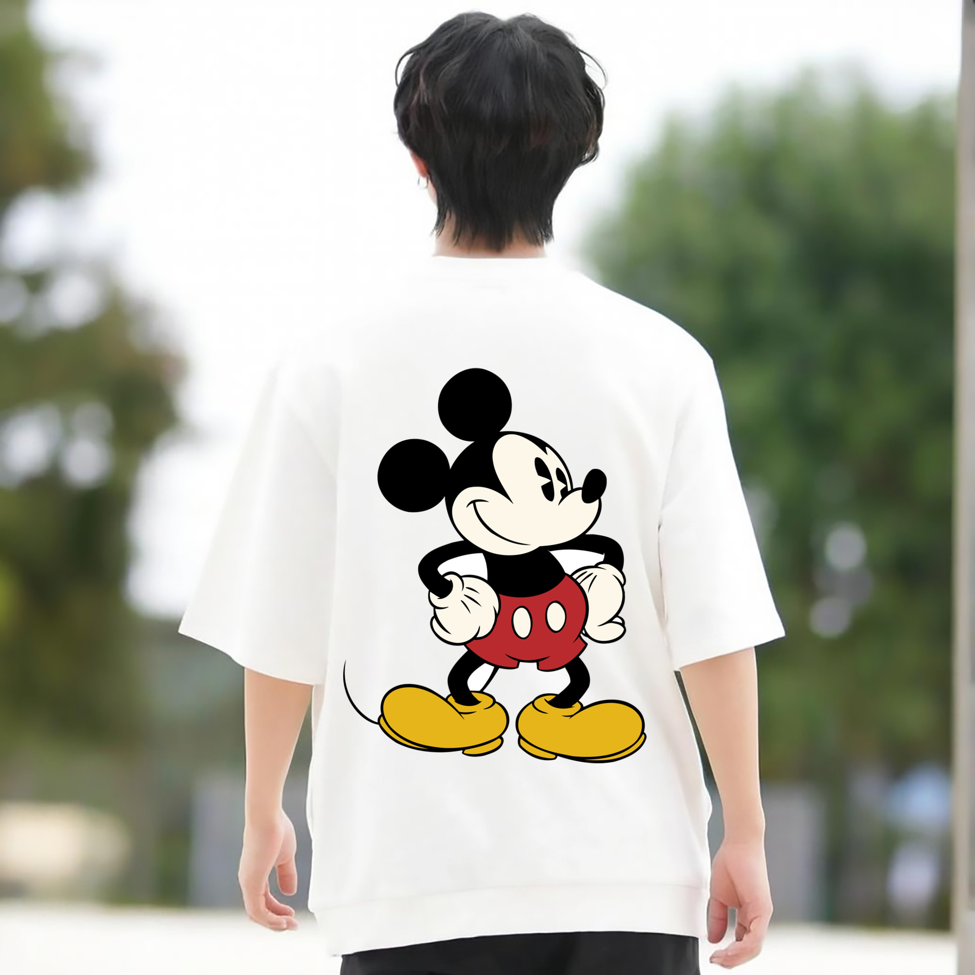 ミッキーマウス Mickey Mouse 綿100％ メンズ半袖Tシャツ（バックプリント） 通気性
