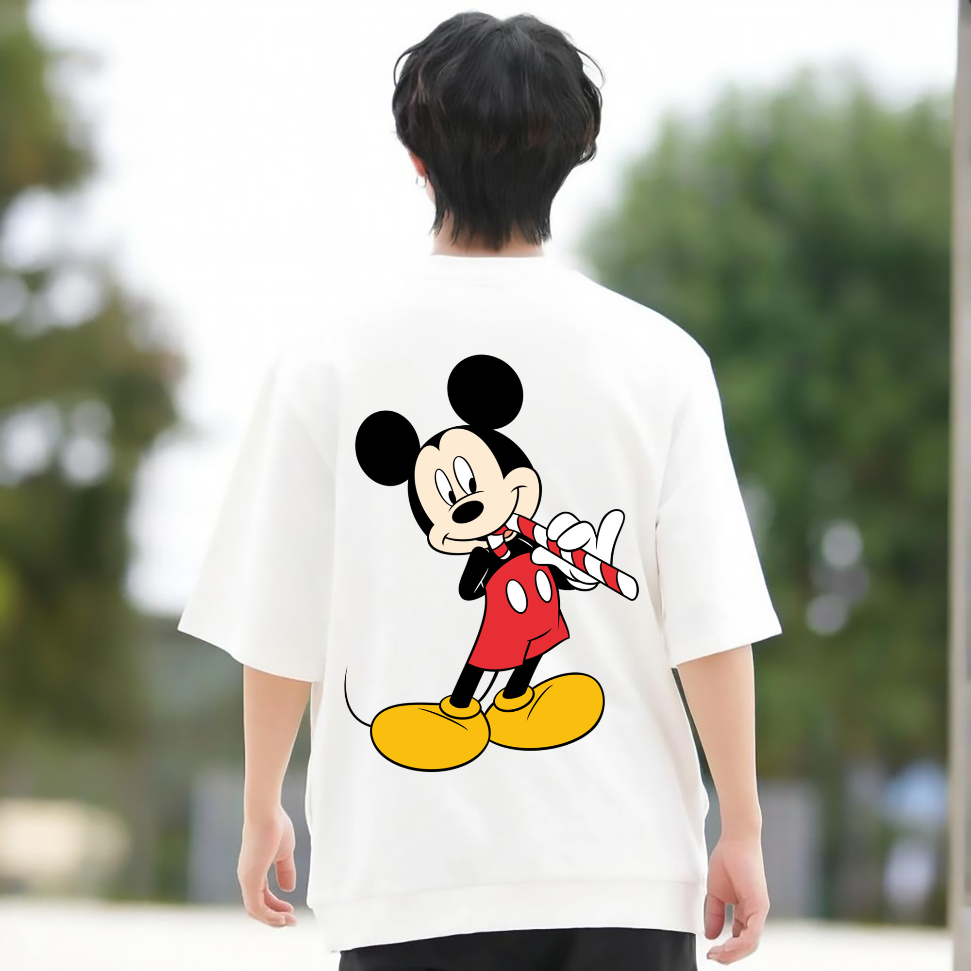 ミッキーマウス Mickey Mouse 綿100％ メンズ半袖Tシャツ（バックプリント） 通気性