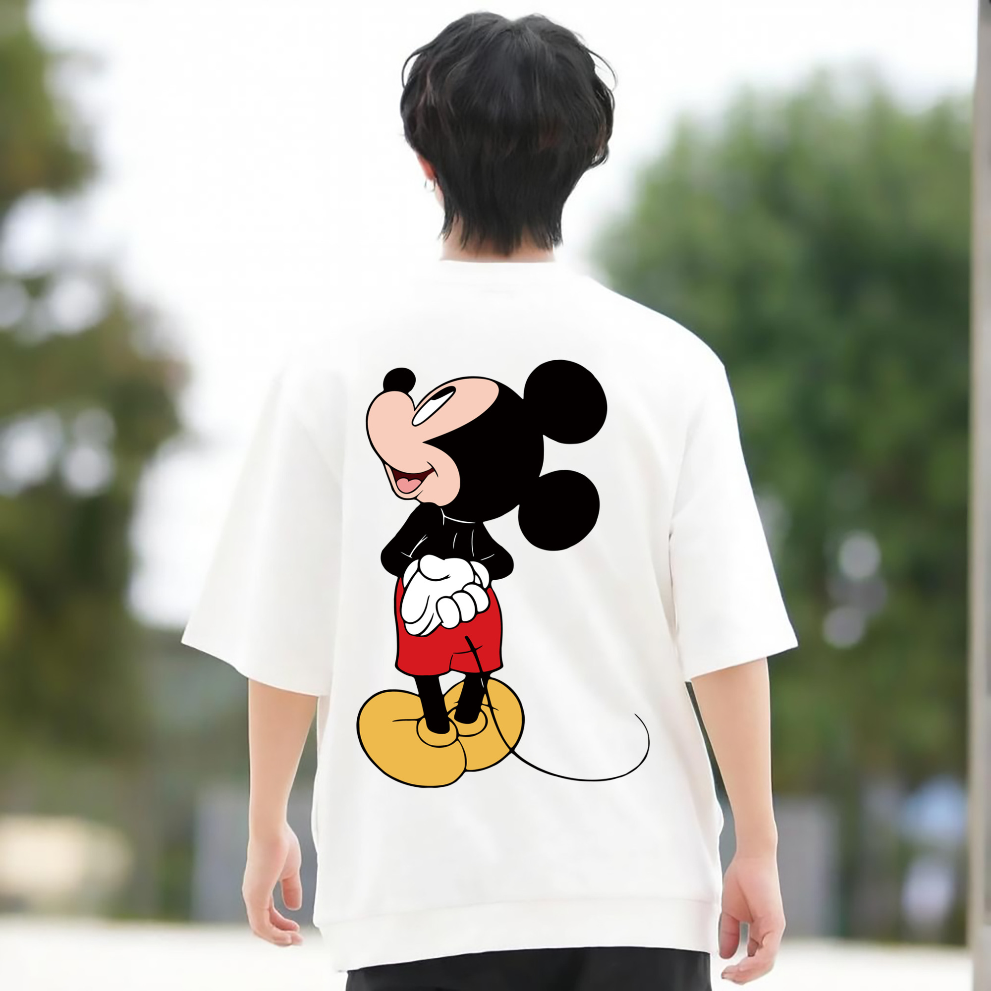 ミッキーマウス Mickey Mouse 綿100％ メンズ半袖Tシャツ（バックプリント） 通気性