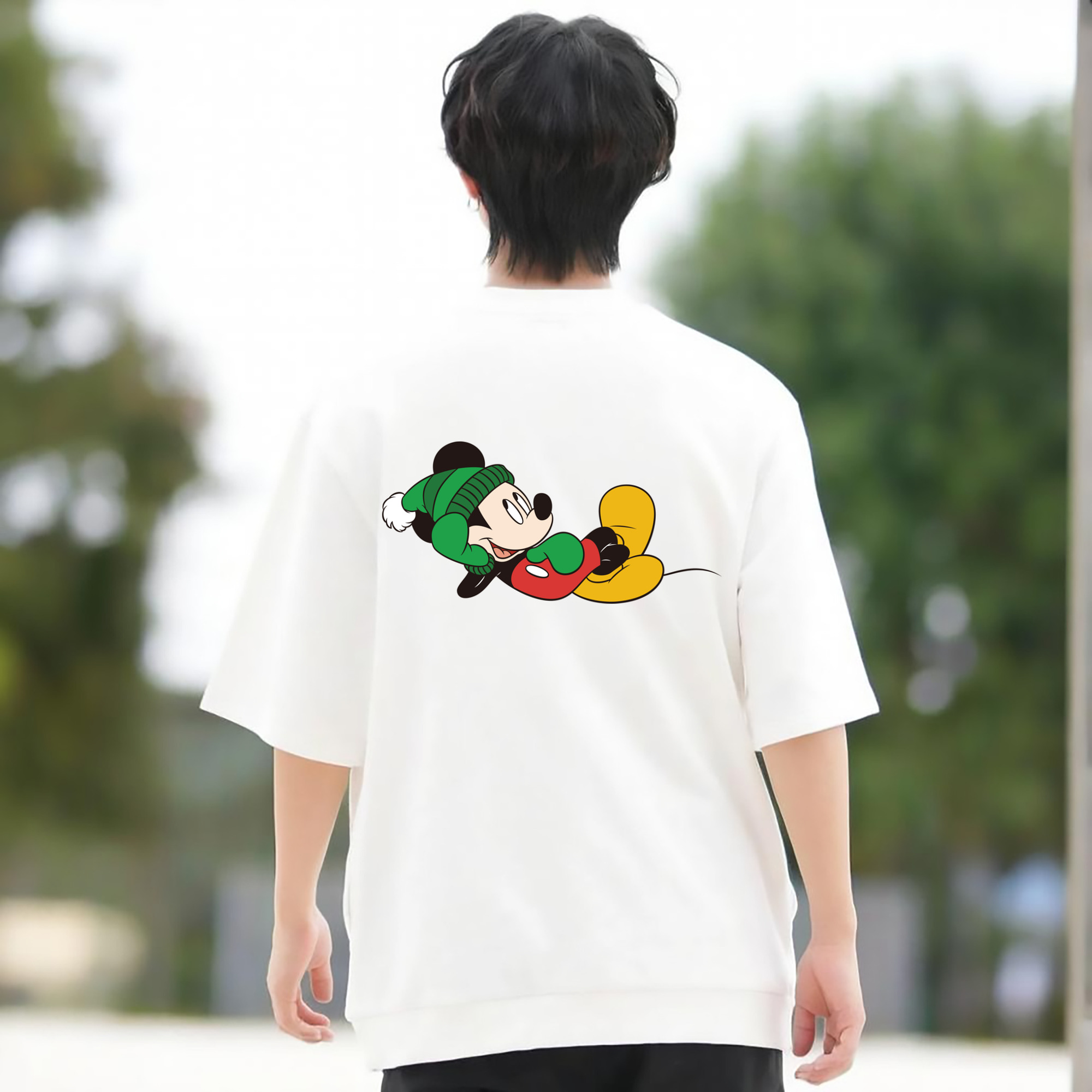 ミッキーマウス Mickey Mouse 綿100％ メンズ半袖Tシャツ（バックプリント） 通気性