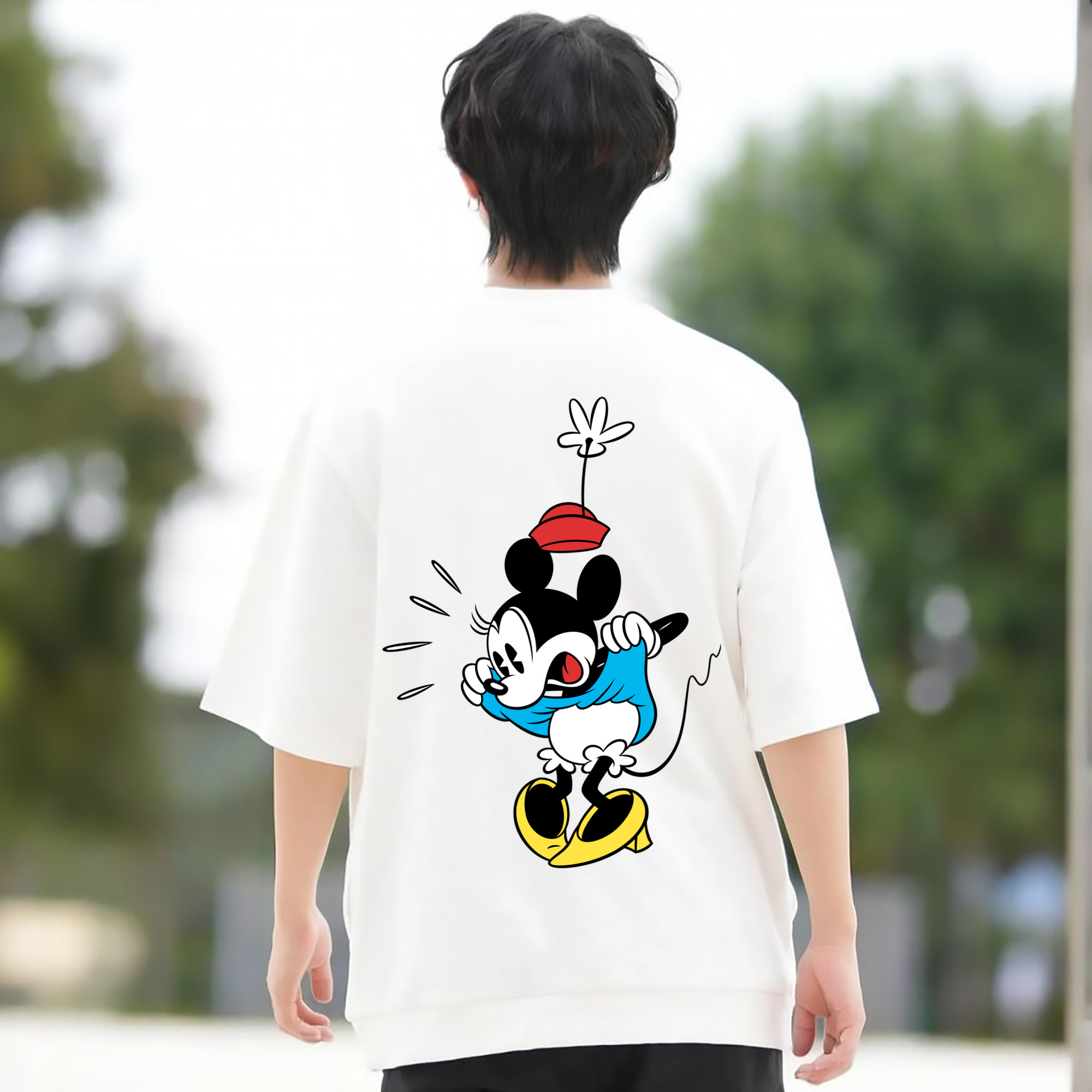 ミッキーマウス Mickey Mouse 綿100％ メンズ半袖Tシャツ（バックプリント） 通気性
