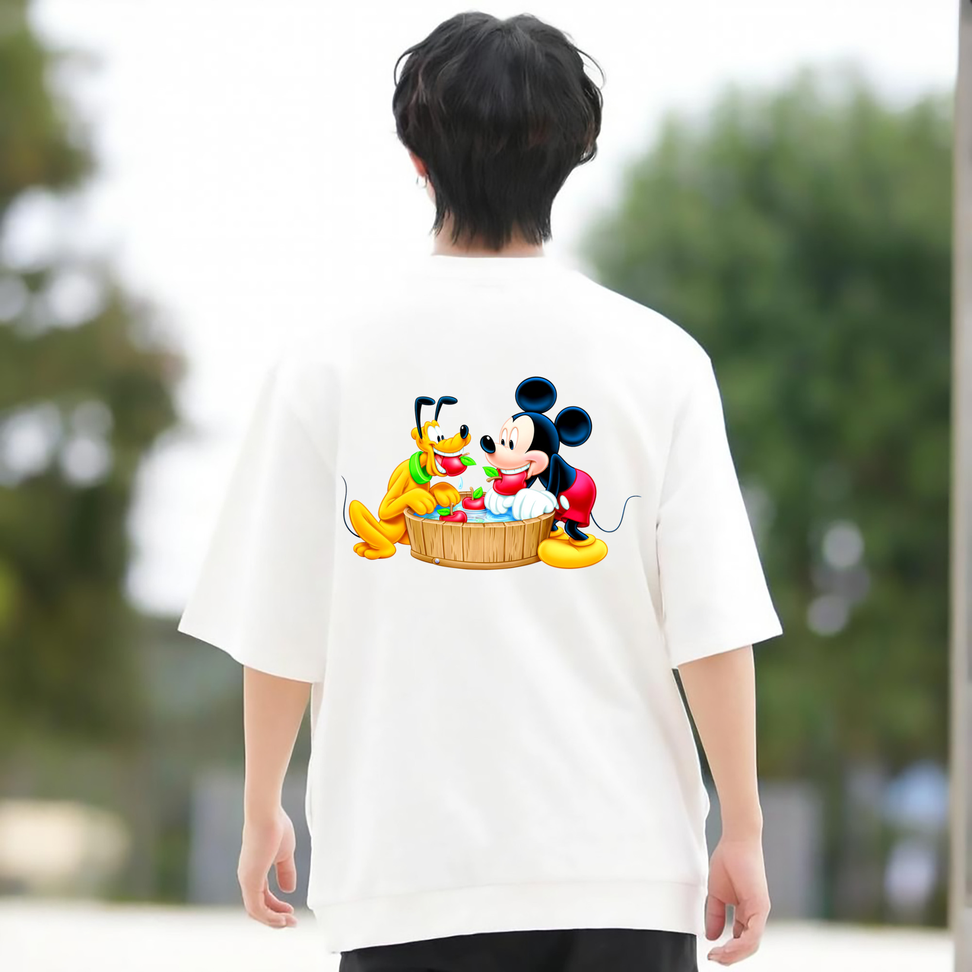 ミッキーマウス Mickey Mouse 綿100％ メンズ半袖Tシャツ（バックプリント） 通気性