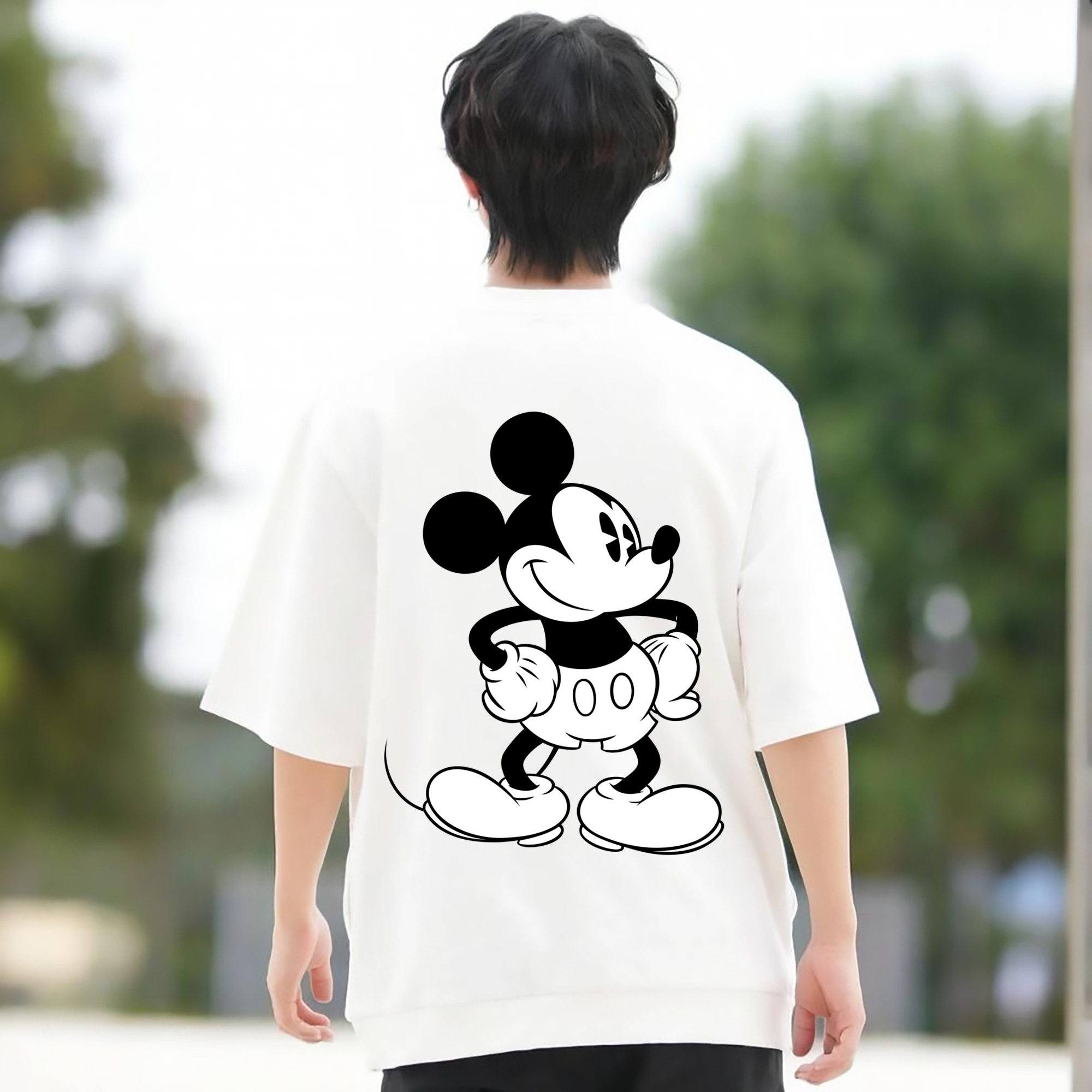 ミッキーマウス Mickey Mouse 綿100％ メンズ半袖Tシャツ（バックプリント） 通気性