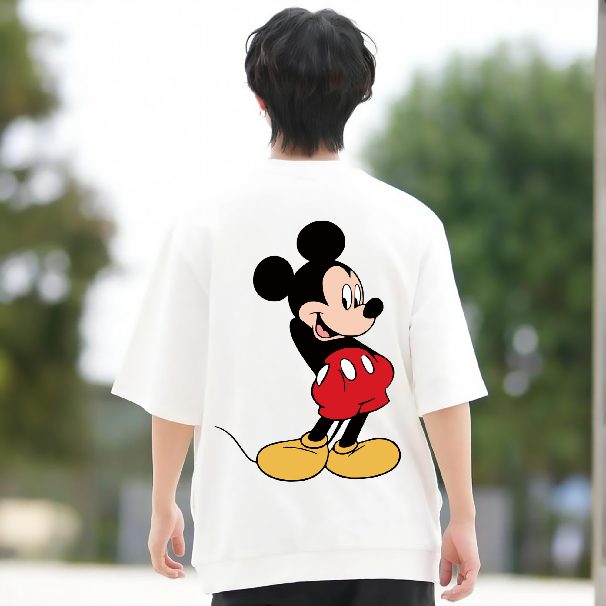 ミッキーマウス Mickey Mouse 綿100％ メンズ半袖Tシャツ（バックプリント） 通気性
