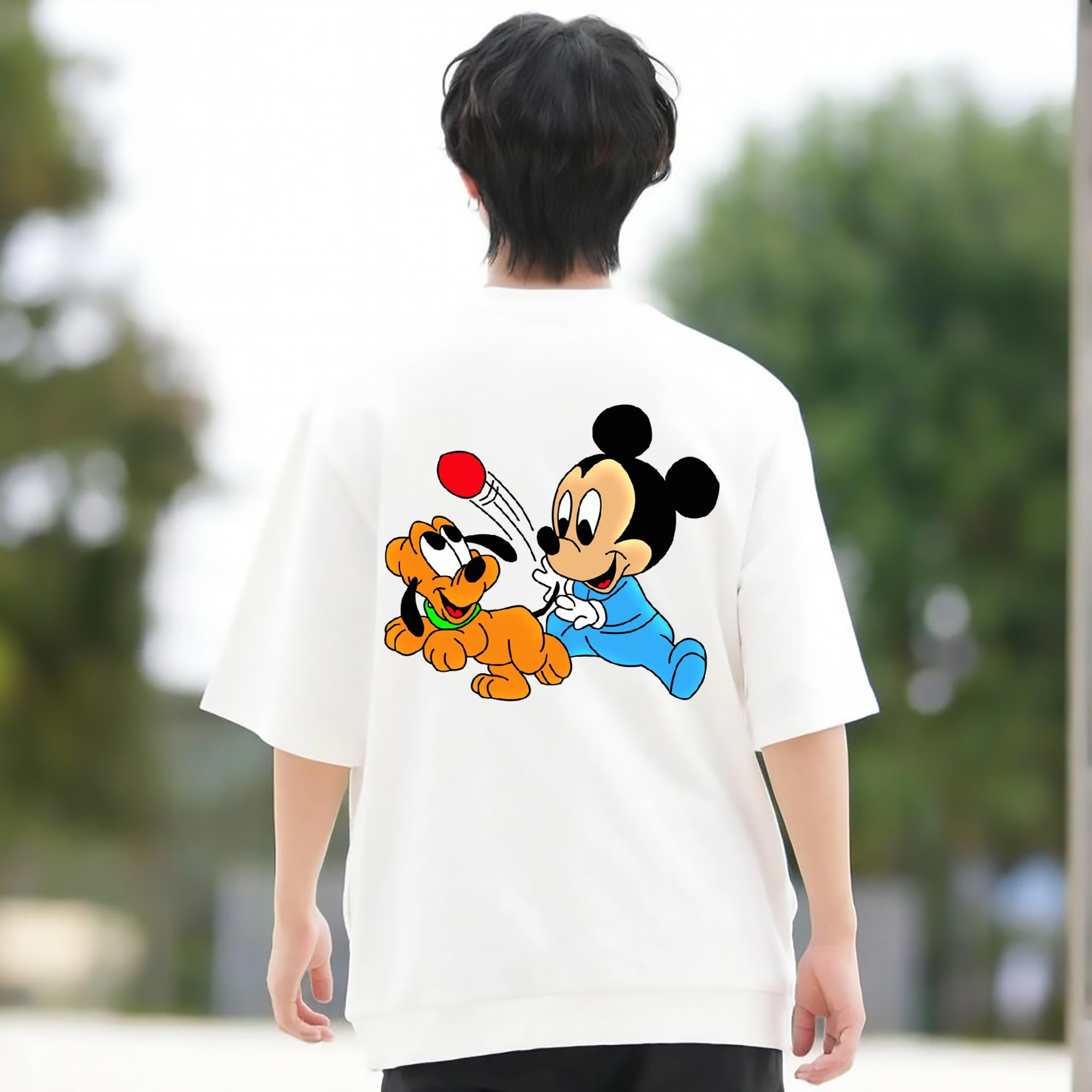 ミッキーマウス Mickey Mouse 綿100％ メンズ半袖Tシャツ（バックプリント） 通気性