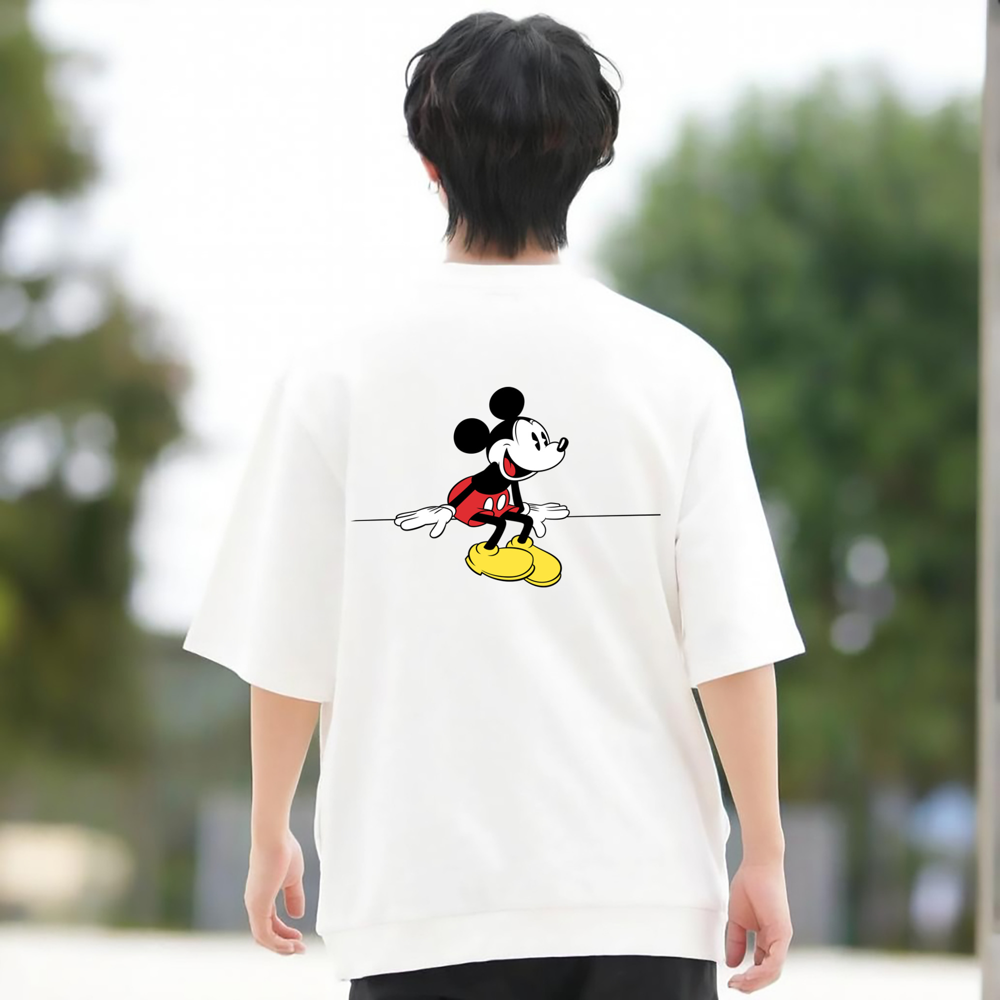 ミッキーマウス Mickey Mouse 綿100％ メンズ半袖Tシャツ（バックプリント） 通気性