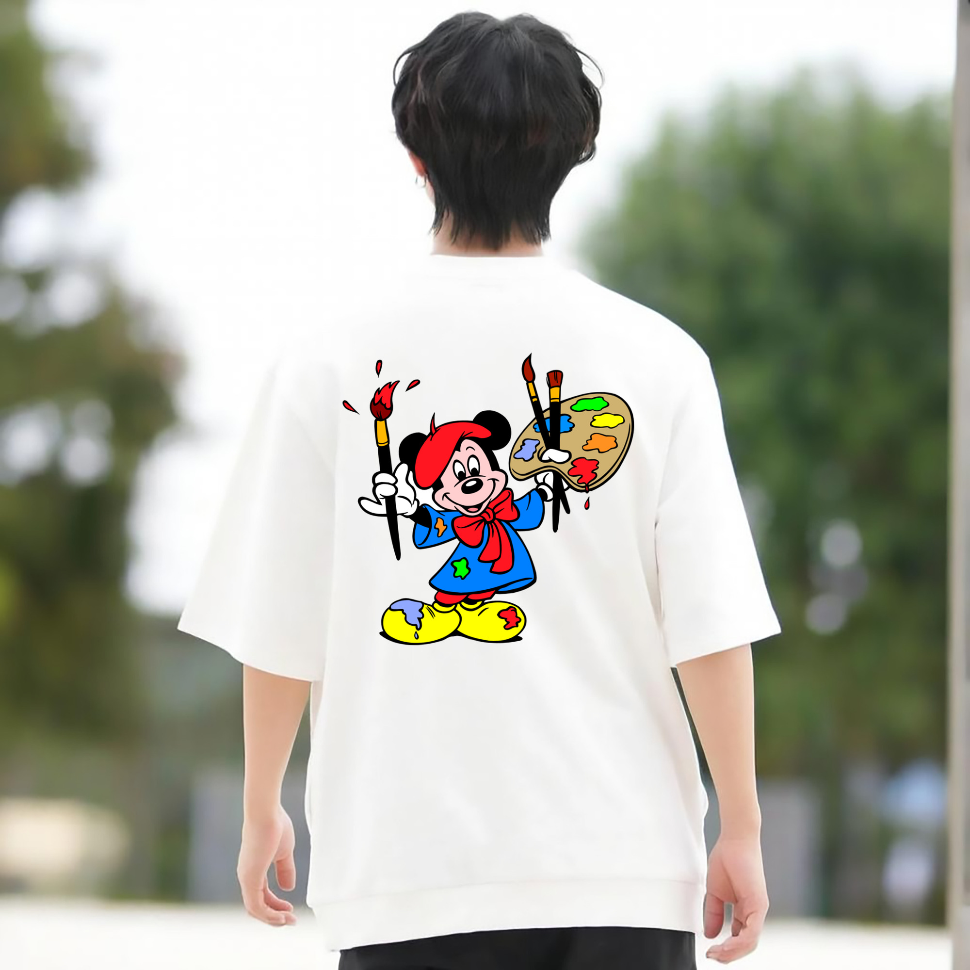 ミッキーマウス Mickey Mouse 綿100％ メンズ半袖Tシャツ（バックプリント） 通気性