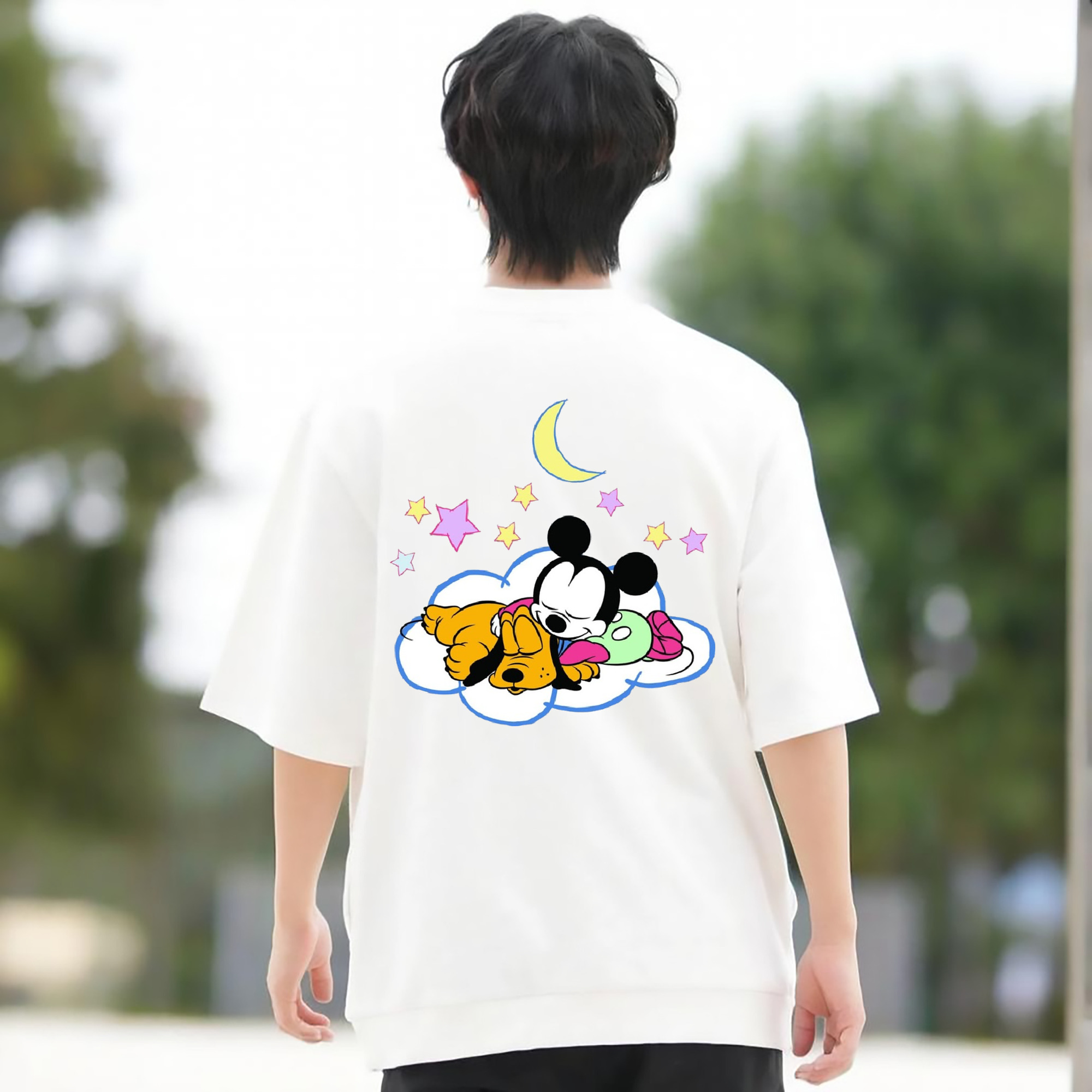 ミッキーマウス Mickey Mouse 綿100％ メンズ半袖Tシャツ（バックプリント） 通気性