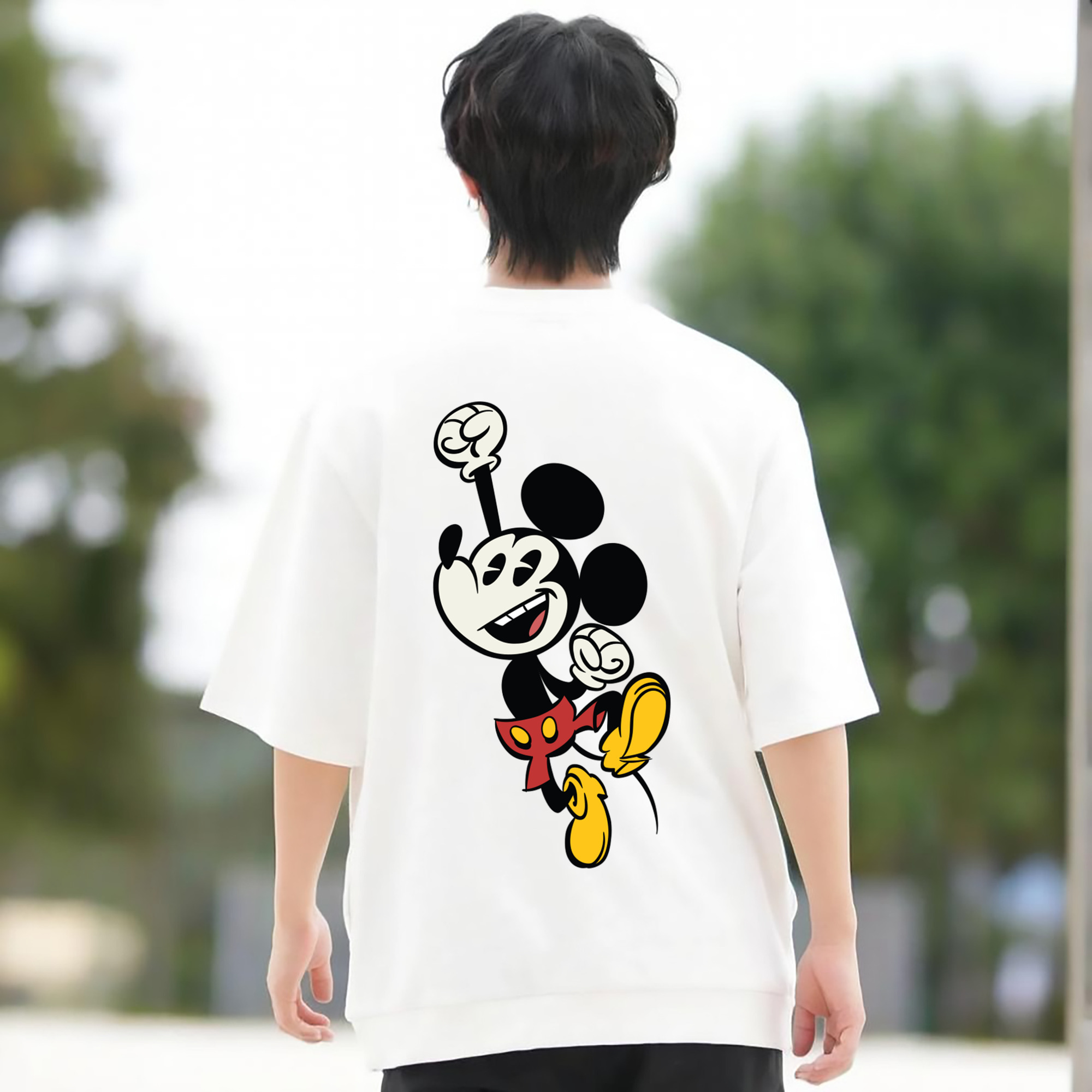 ミッキーマウス Mickey Mouse 綿100％ メンズ半袖Tシャツ（バックプリント） 通気性