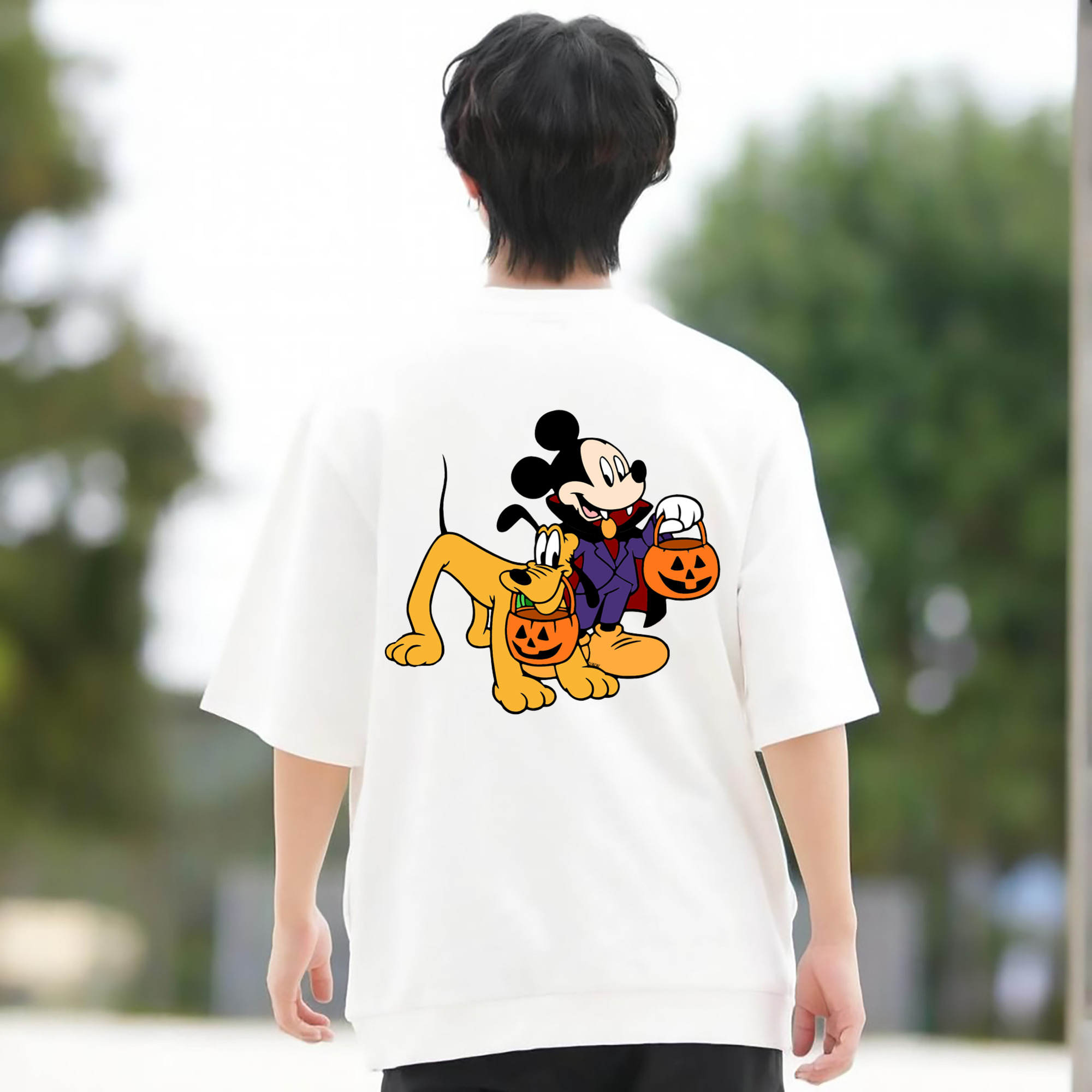 ミッキーマウス Mickey Mouse 綿100％ メンズ半袖Tシャツ（バックプリント） 通気性