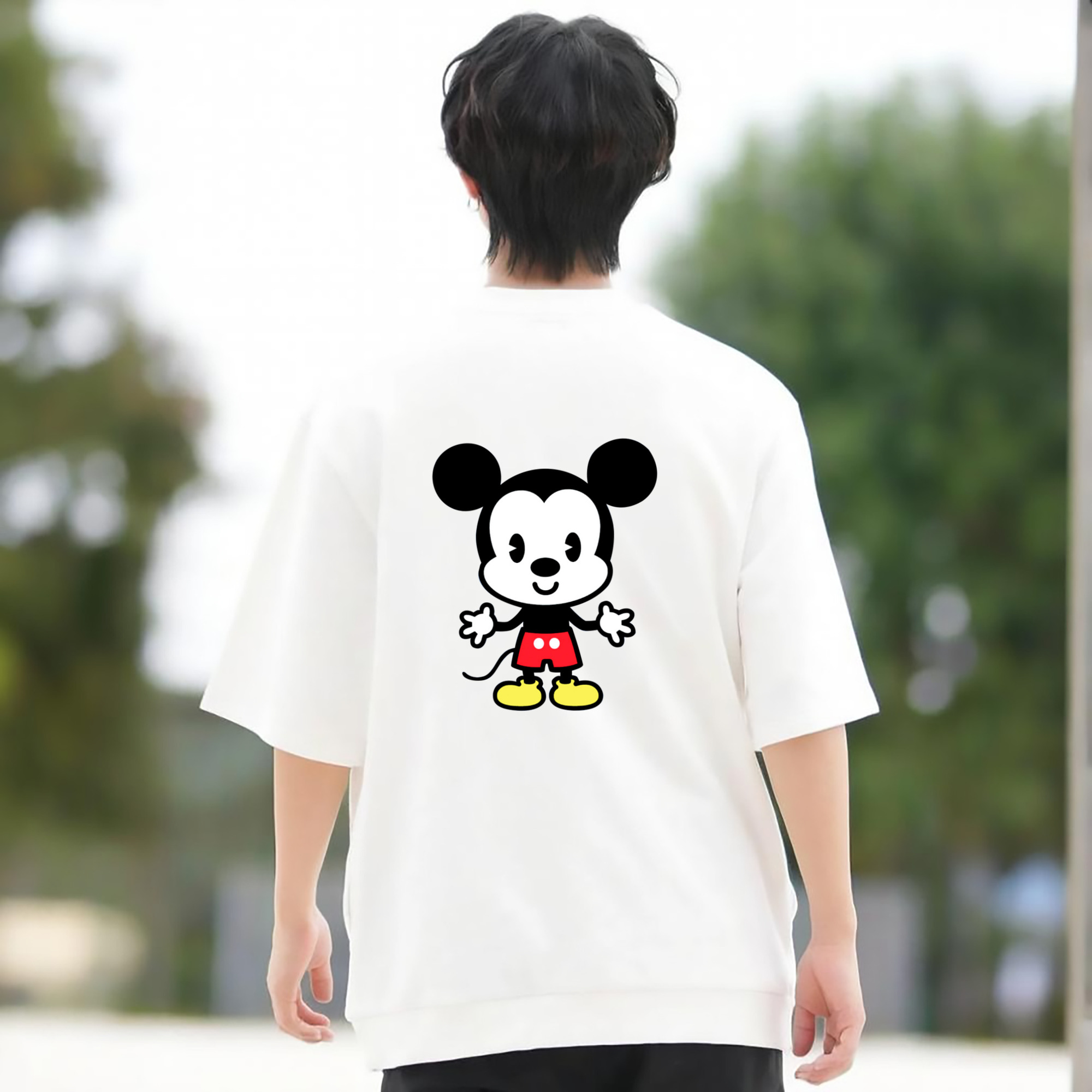 ミッキーマウス Mickey Mouse 綿100％ メンズ半袖Tシャツ（バックプリント） 通気性