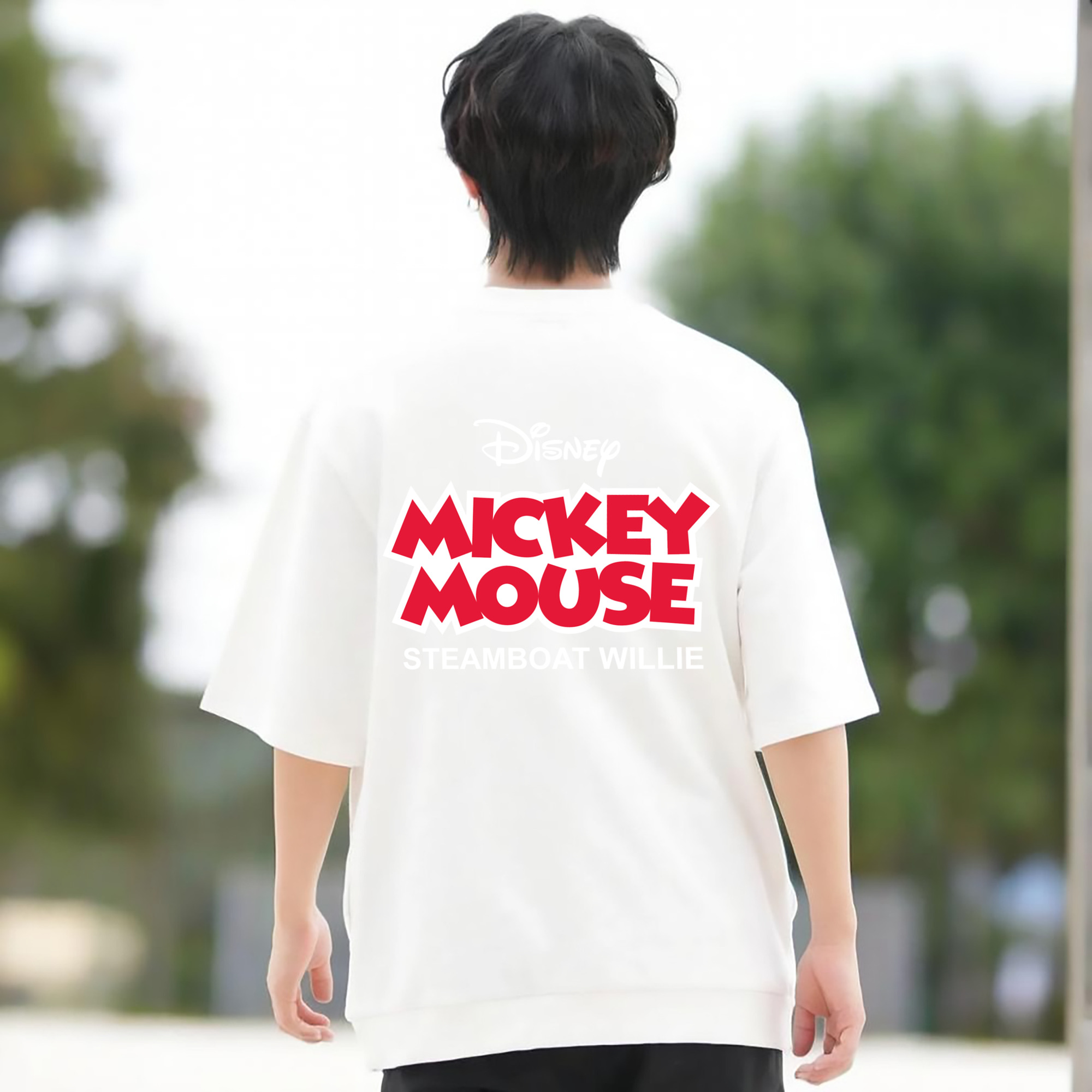 ミッキーマウス Mickey Mouse 綿100％ メンズ半袖Tシャツ（バックプリント） 通気性