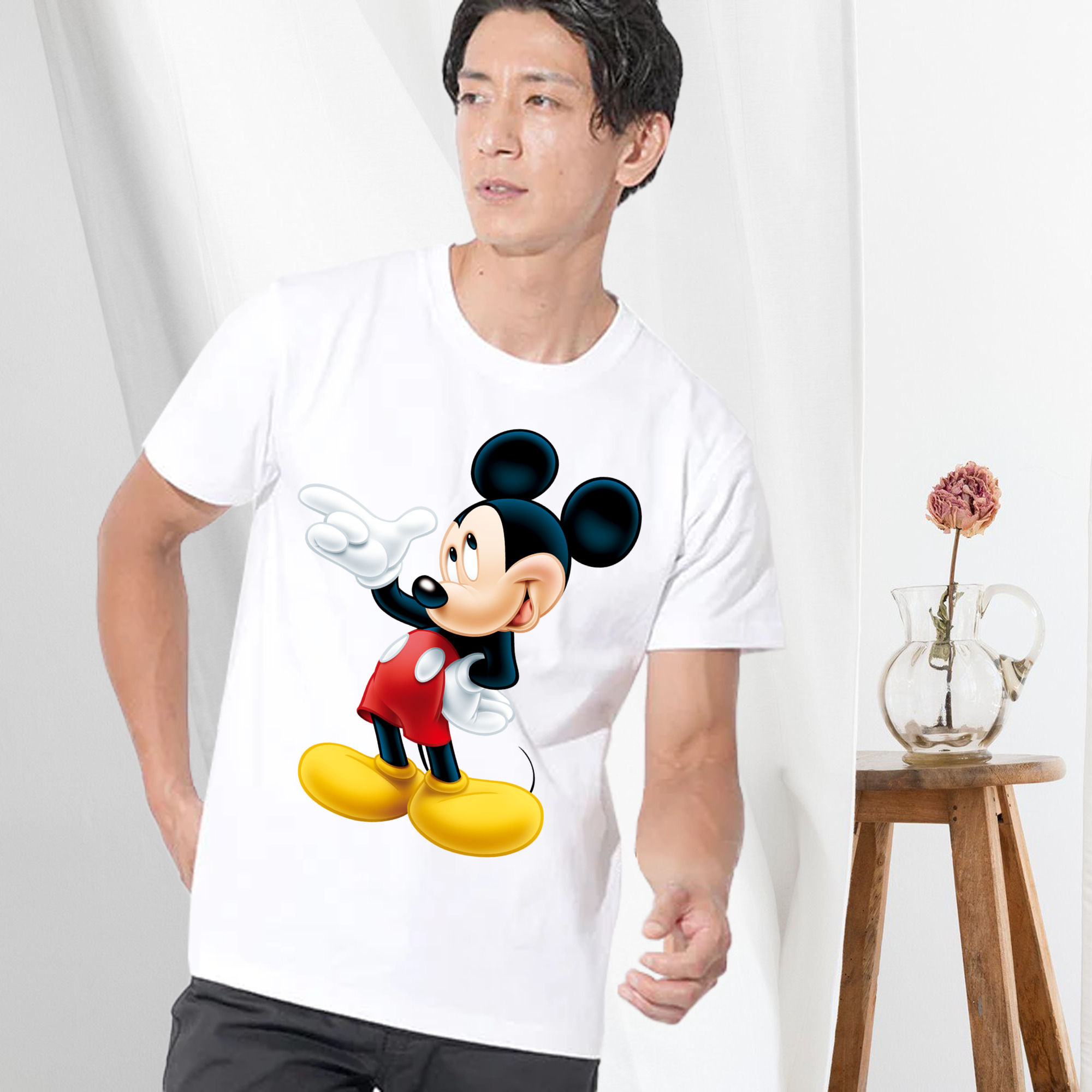 ミッキーマウス Mickey Mouse 綿100％ メンズ半袖Tシャツ｜肌触りやわらか＆通気性
