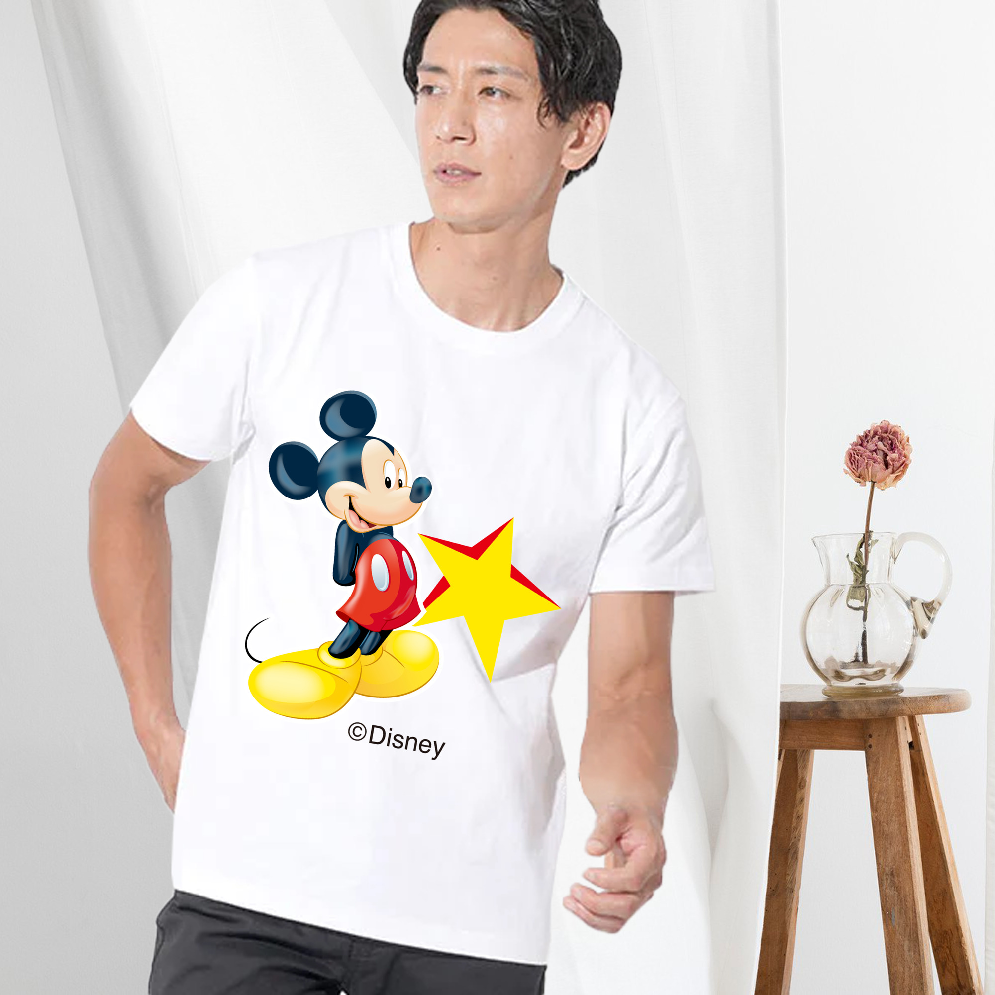 ミッキーマウス Mickey Mouse 綿100％ メンズ半袖Tシャツ｜肌触りやわらか＆通気性