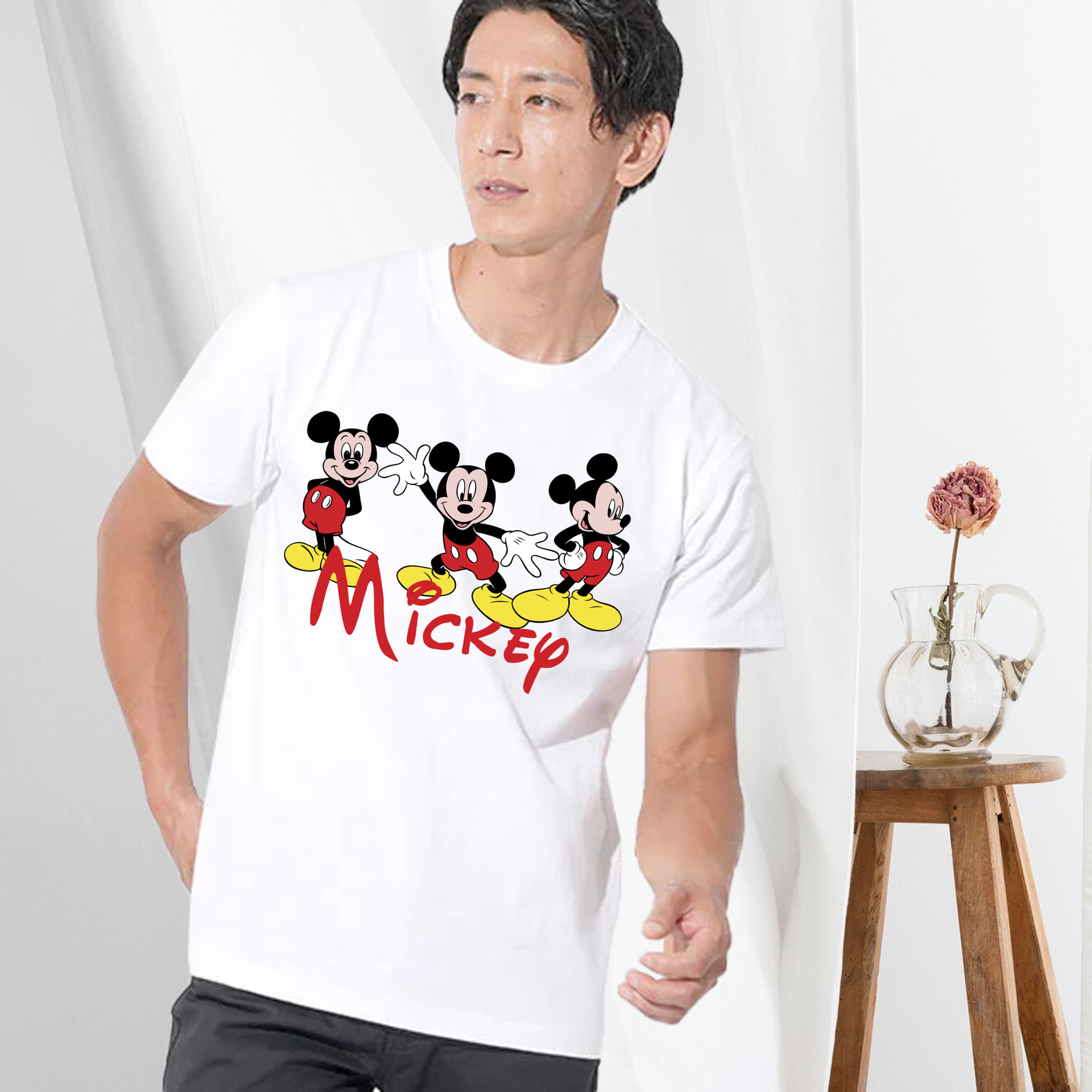ミッキーマウス Mickey Mouse 綿100％ メンズ半袖Tシャツ｜肌触りやわらか＆通気性