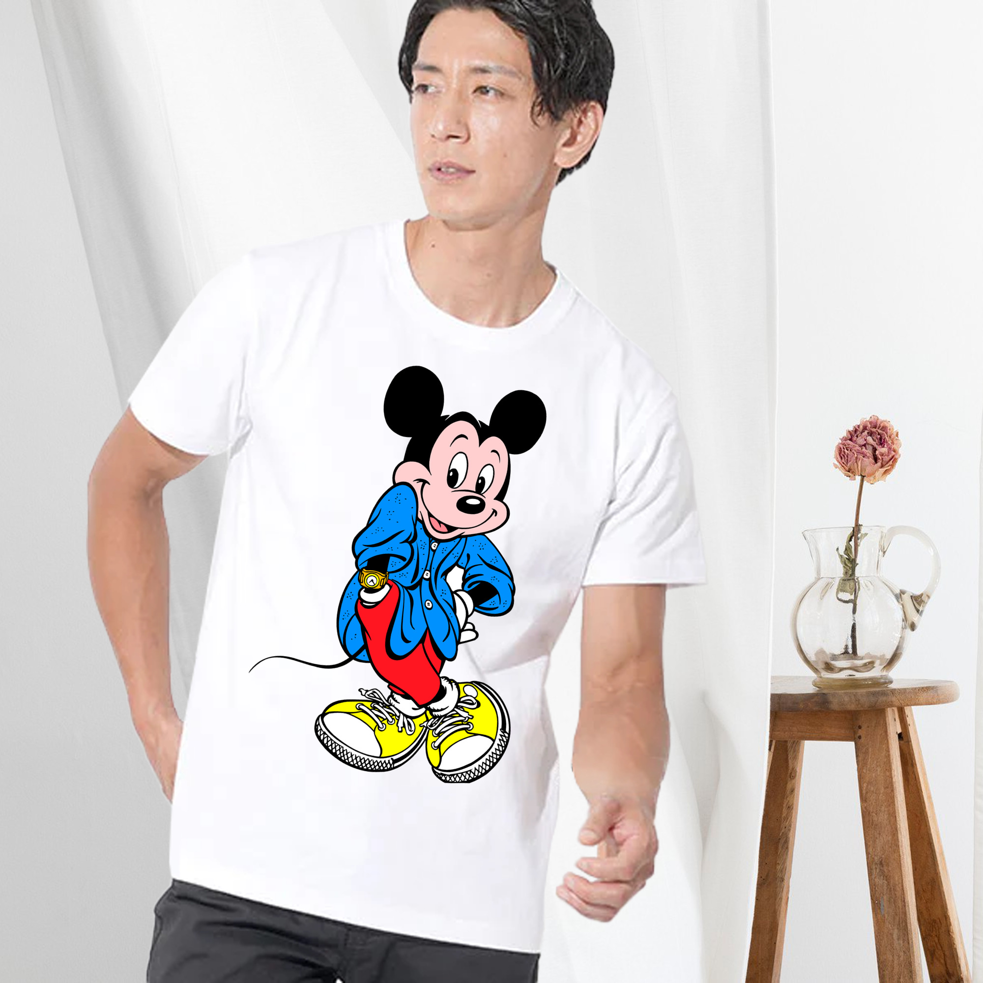 ミッキーマウス Mickey Mouse 綿100％ メンズ半袖Tシャツ｜肌触りやわらか＆通気性