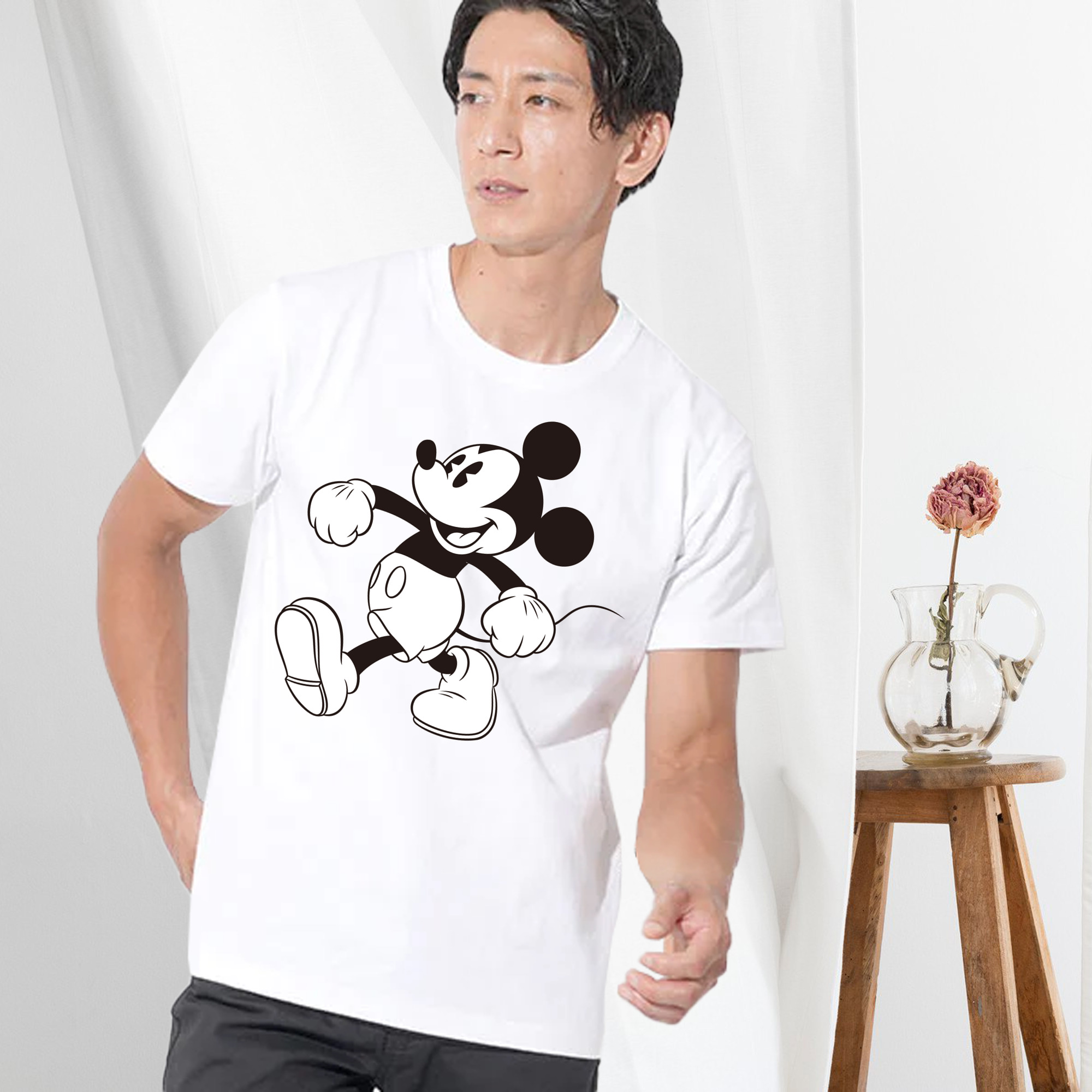 ミッキーマウス Mickey Mouse 綿100％ メンズ半袖Tシャツ｜肌触りやわらか＆通気性