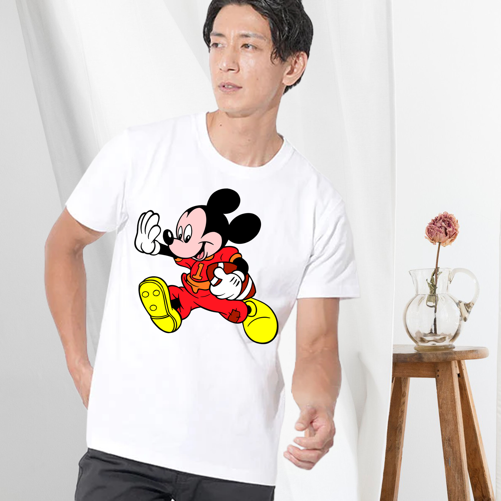 ミッキーマウス Mickey Mouse 綿100％ メンズ半袖Tシャツ｜肌触りやわらか＆通気性