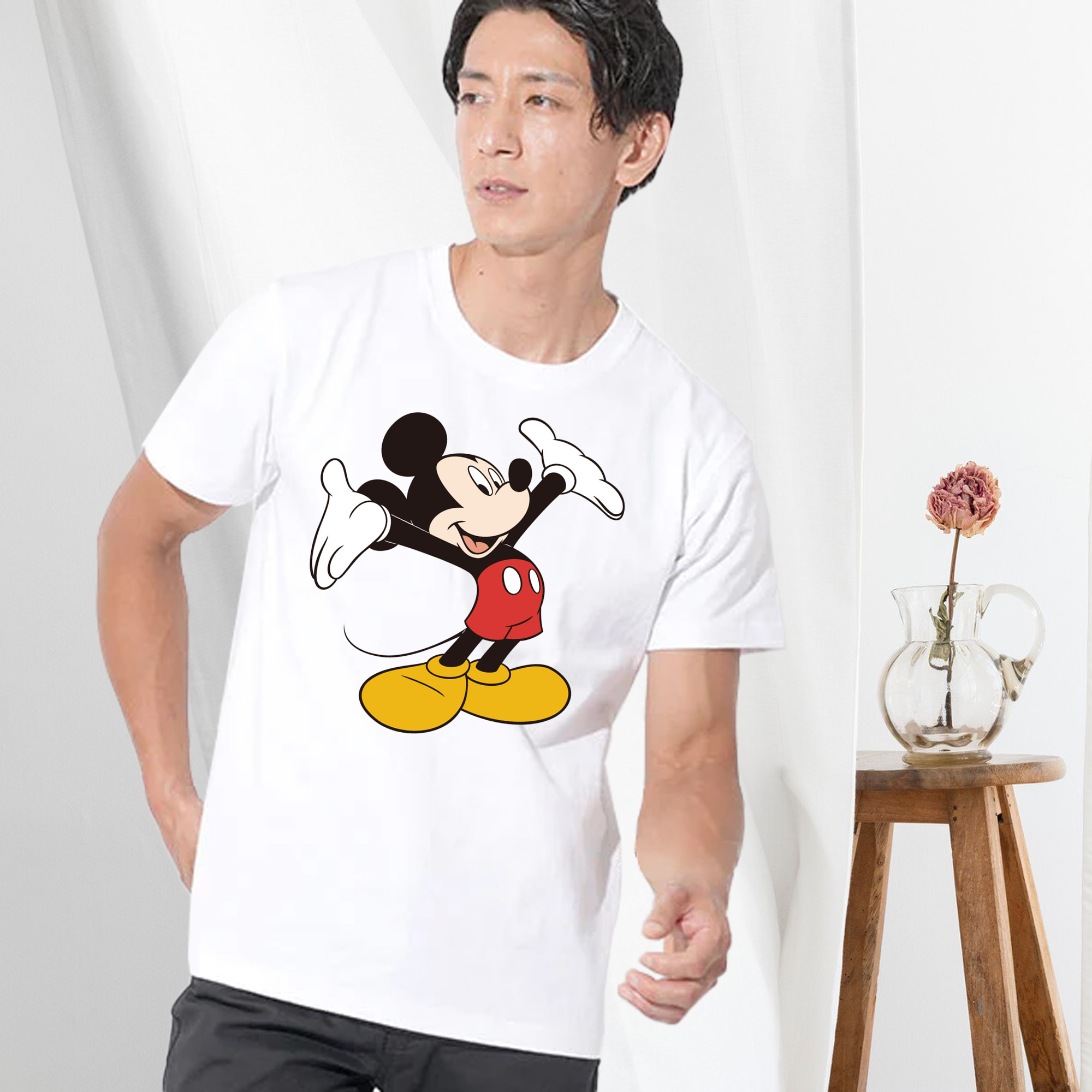 ミッキーマウス Mickey Mouse 綿100％ メンズ半袖Tシャツ｜肌触りやわらか＆通気性